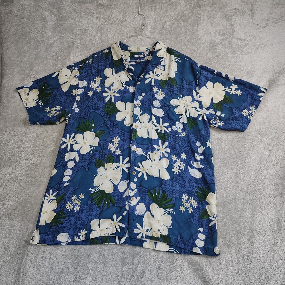 Cherokee Men's Hawaiian Silk camp shirt XL vintage tropical hibiscus floral